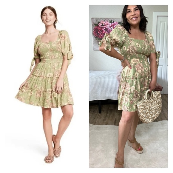 AGUA BENDITA x Target Green Floral Short Sleeve Smocked Mini Dress XXL Blogger - Picture 1 of 14
